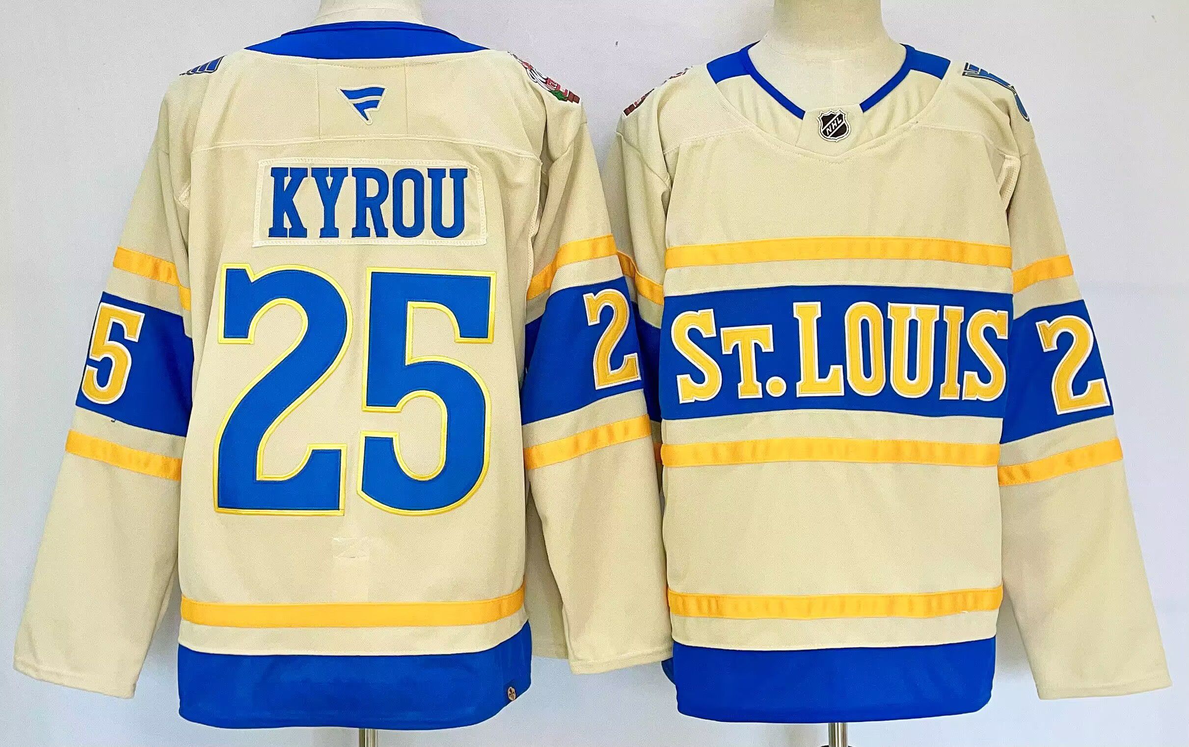 Men St.Louis Blues #25 Kyrou Cream 2025 Home Premier Player NHL Jersey